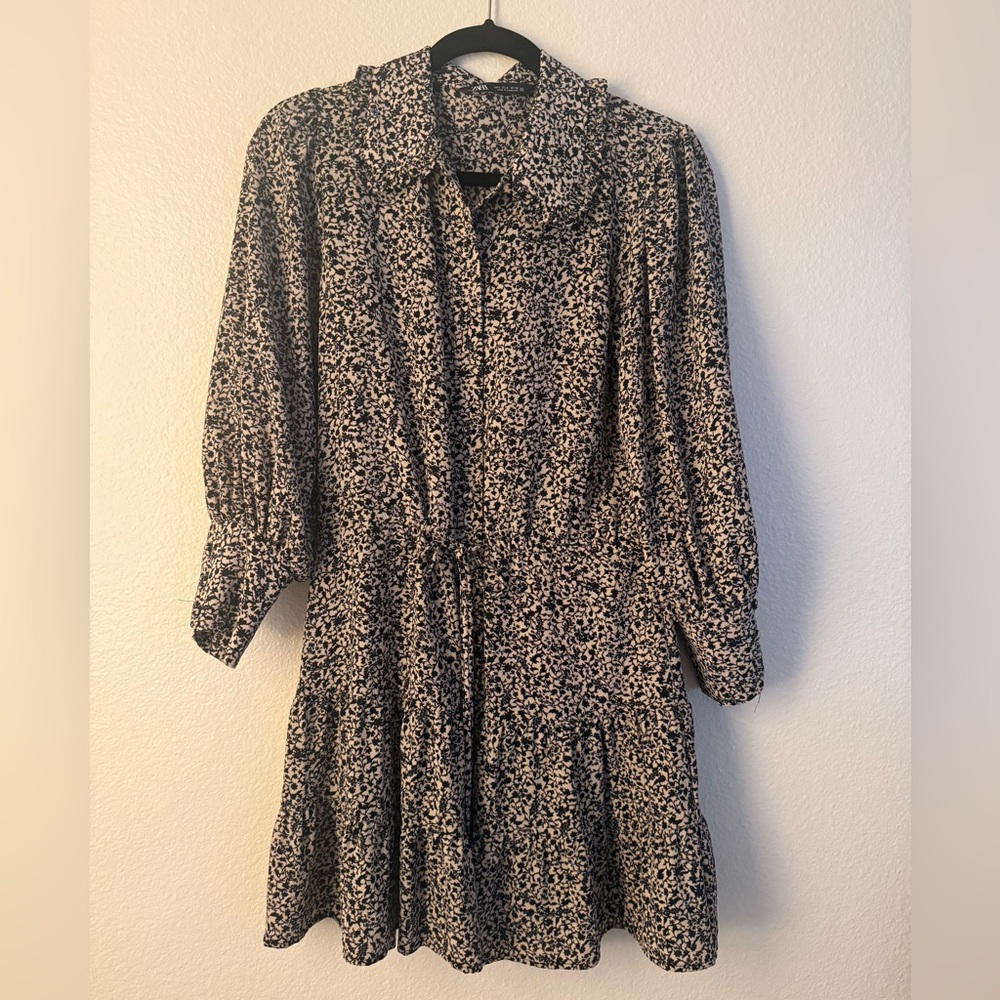 Zara Women Floral Shirt Dress with Tie Waist S
